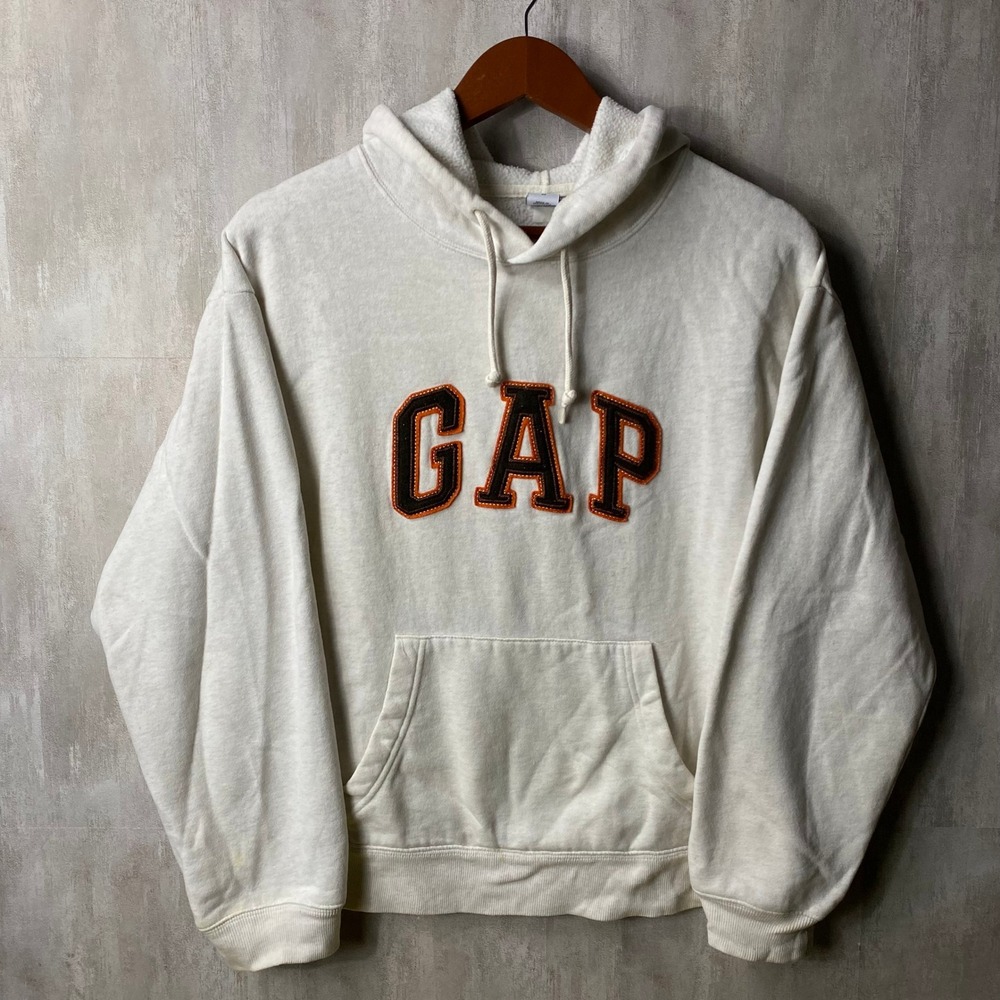 Vintage 2000s y2k Gap Hoodie Mens Size M Cream Logo Fleece Pullover Sweatshirt